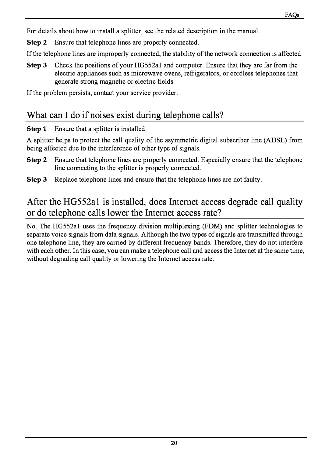 Huawei HG552a1 manual What can I do if noises exist during telephone calls? 