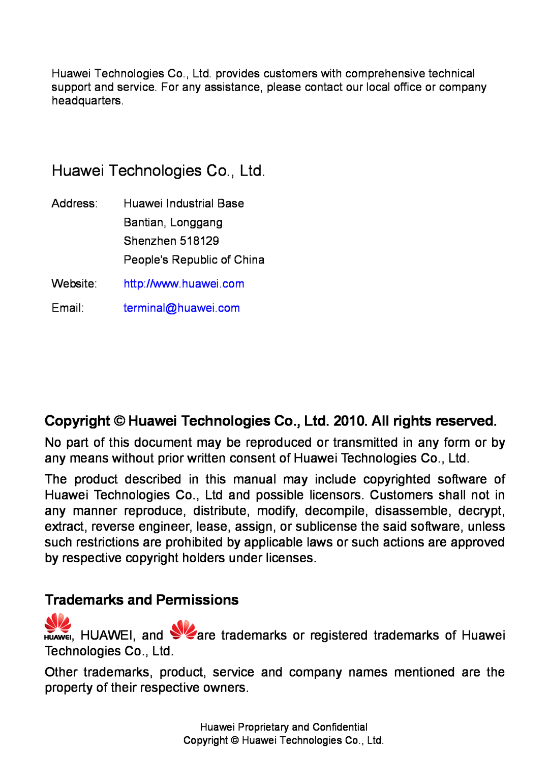 Huawei HG552a1 manual Trademarks and Permissions, Address, Huawei Industrial Base, Bantian, Longgang, Shenzhen, Website 