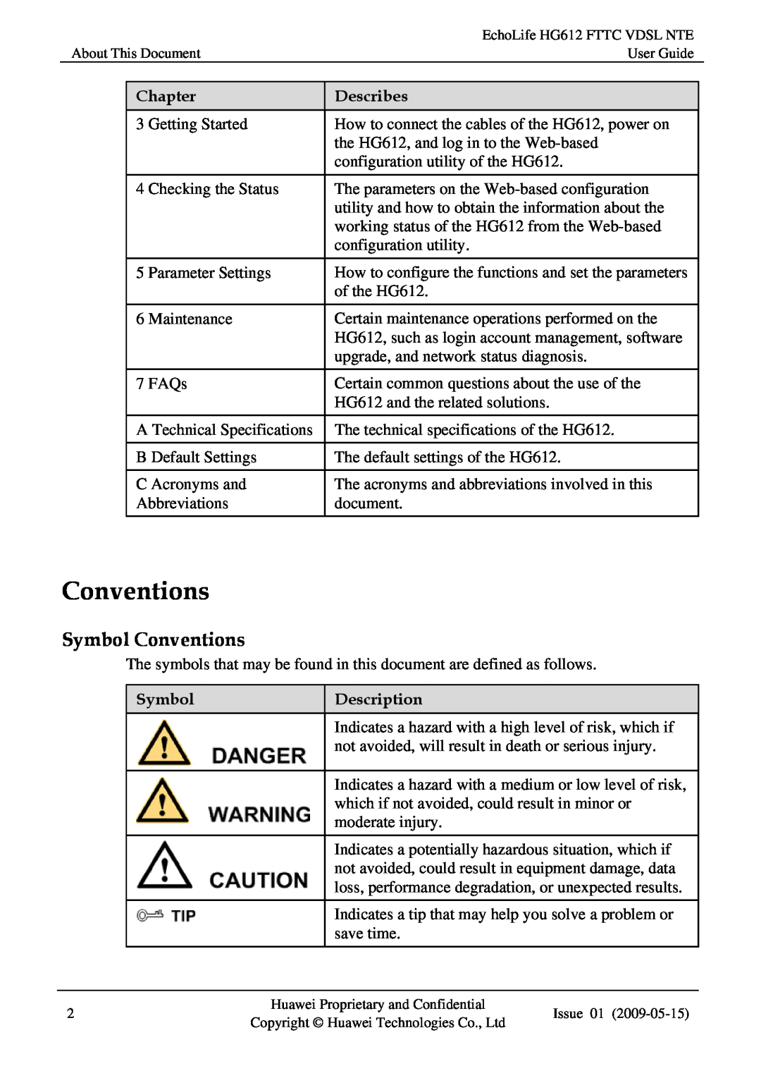 Huawei HG612FTTC VDSL NTE manual Symbol Conventions, Chapter, Describes, Description 