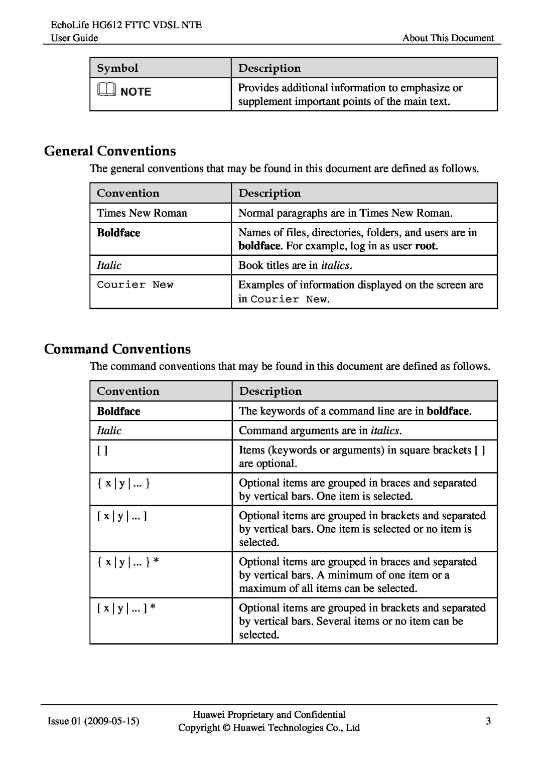 Huawei HG612FTTC VDSL NTE manual General Conventions, Command Conventions, Symbol, Description, Boldface, Italic 