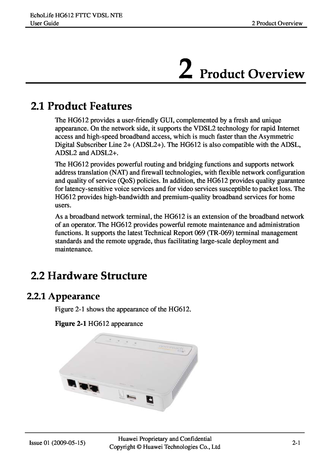 Huawei HG612FTTC VDSL NTE manual Product Overview, Product Features, Hardware Structure, Appearance 