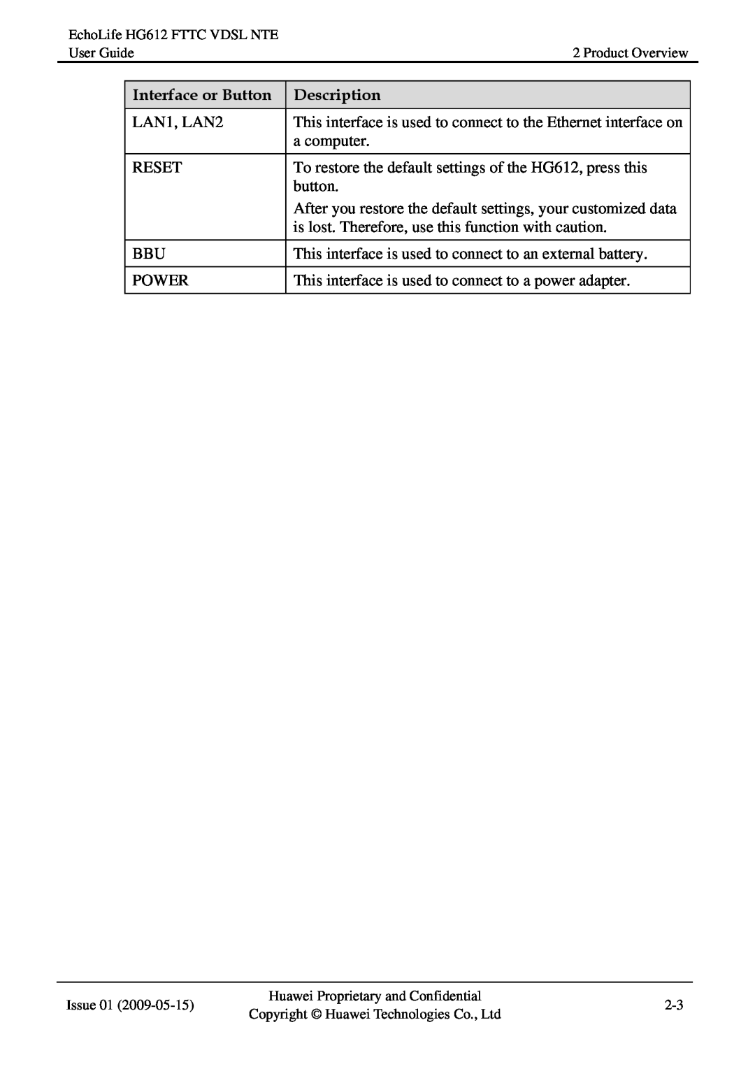 Huawei HG612FTTC VDSL NTE manual Interface or Button, Description 