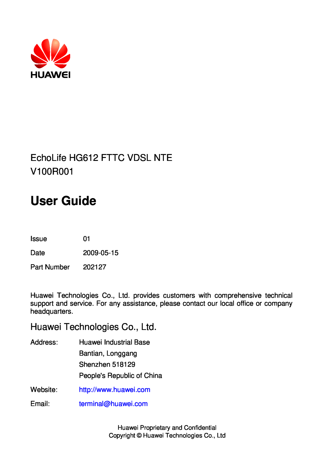 Huawei HG612FTTC VDSL NTE manual EchoLife HG612 FTTC VDSL NTE V100R001, User Guide, terminal@huawei.com 