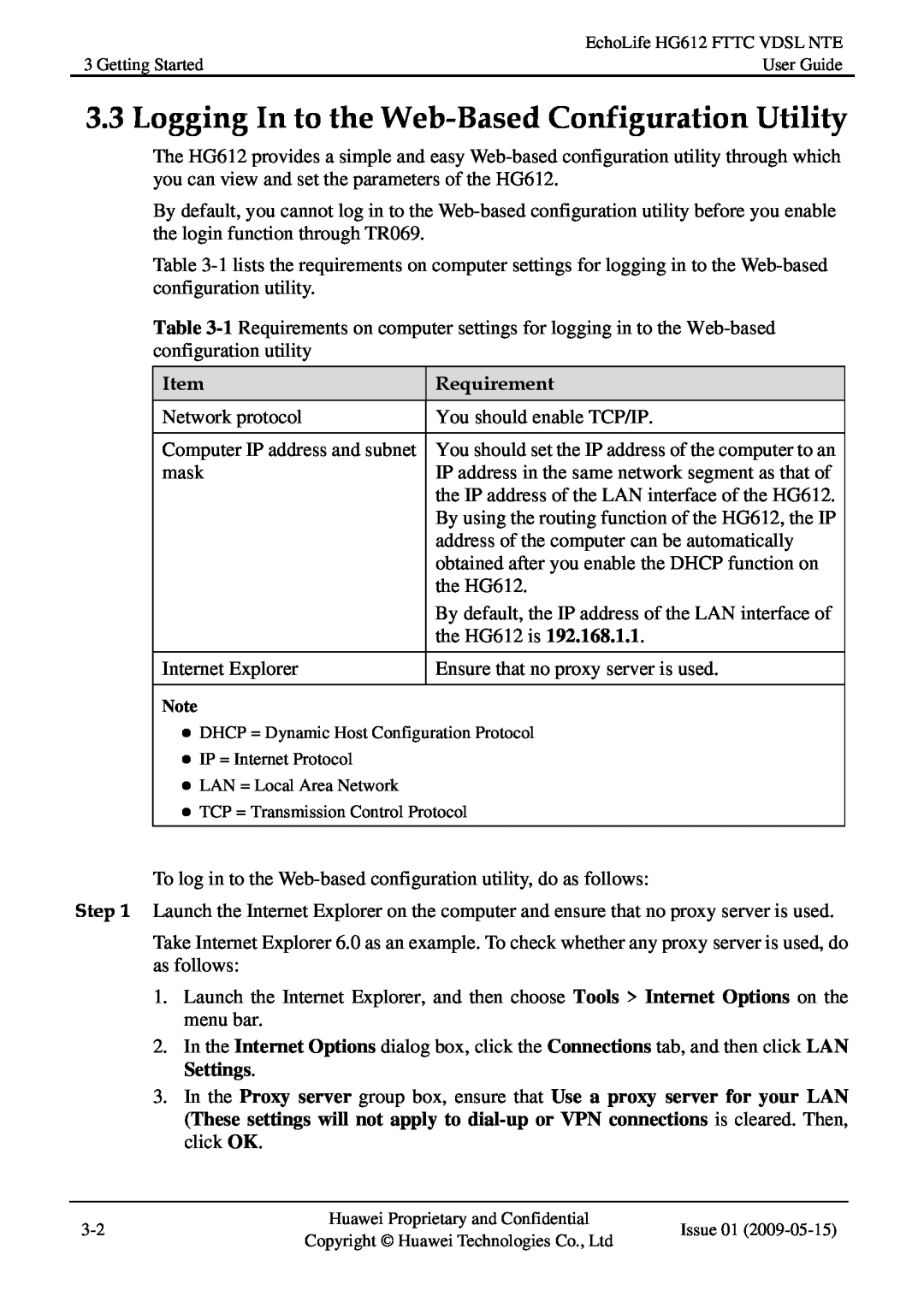 Huawei HG612FTTC VDSL NTE manual Logging In to the Web-Based Configuration Utility, Requirement 