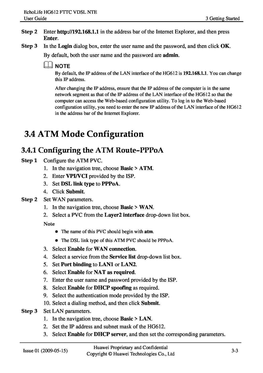Huawei HG612FTTC VDSL NTE manual ATM Mode Configuration, Configuring the ATM Route-PPPoA, Enter, Set DSL link type to PPPoA 