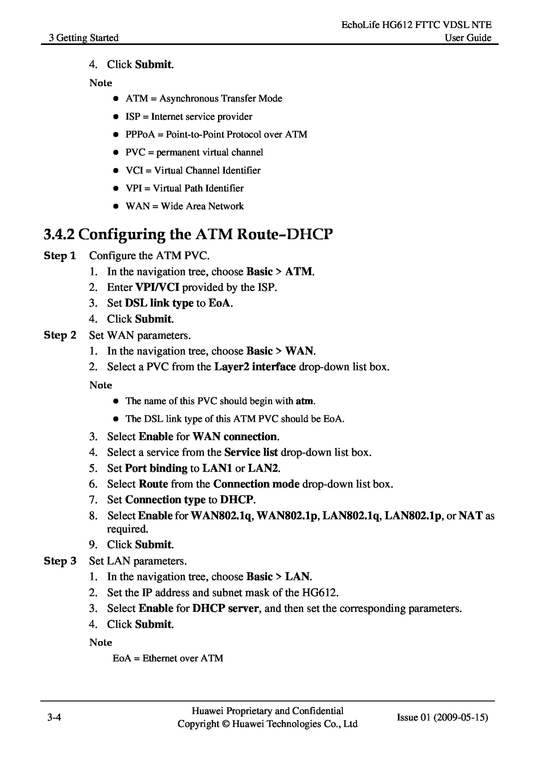 Huawei HG612FTTC VDSL NTE manual Configuring the ATM Route-DHCP, Set DSL link type to EoA, Select Enable for WAN connection 