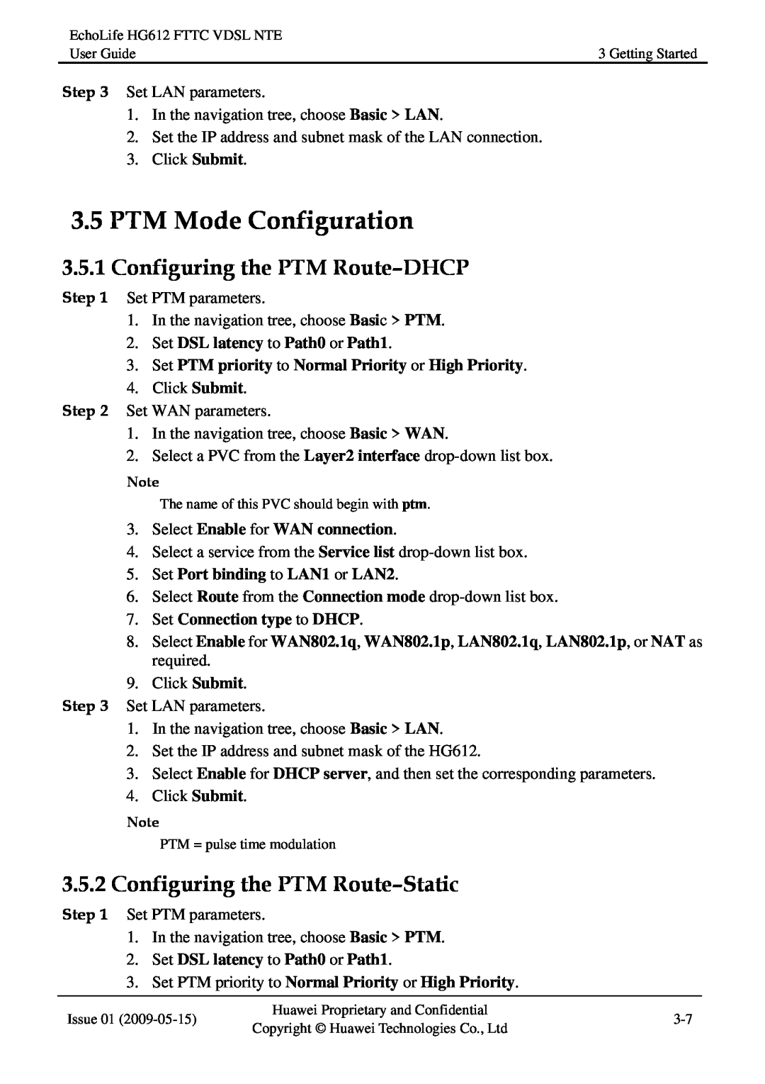 Huawei HG612FTTC VDSL NTE manual PTM Mode Configuration, Configuring the PTM Route-DHCP, Configuring the PTM Route-Static 