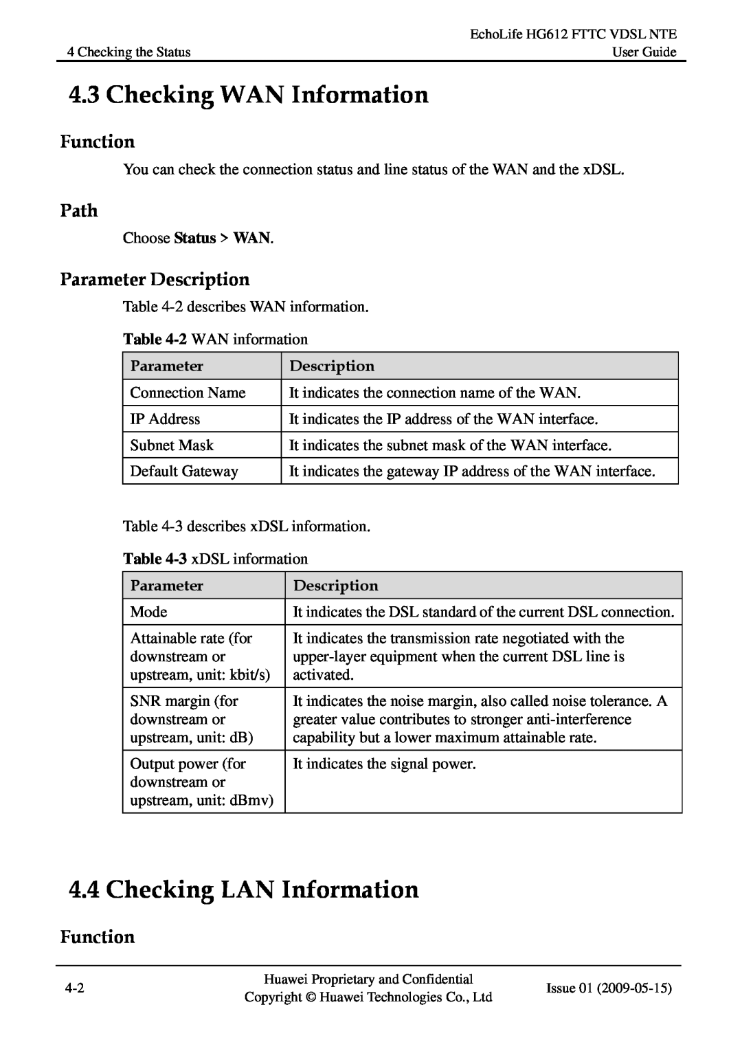 Huawei HG612FTTC VDSL NTE manual Checking WAN Information, Checking LAN Information, Function, Path, Parameter Description 