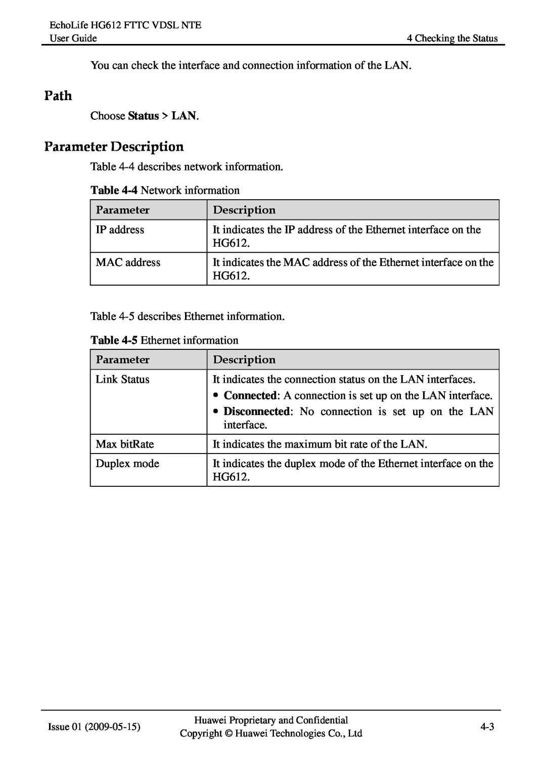 Huawei HG612FTTC VDSL NTE manual Path, Parameter Description 