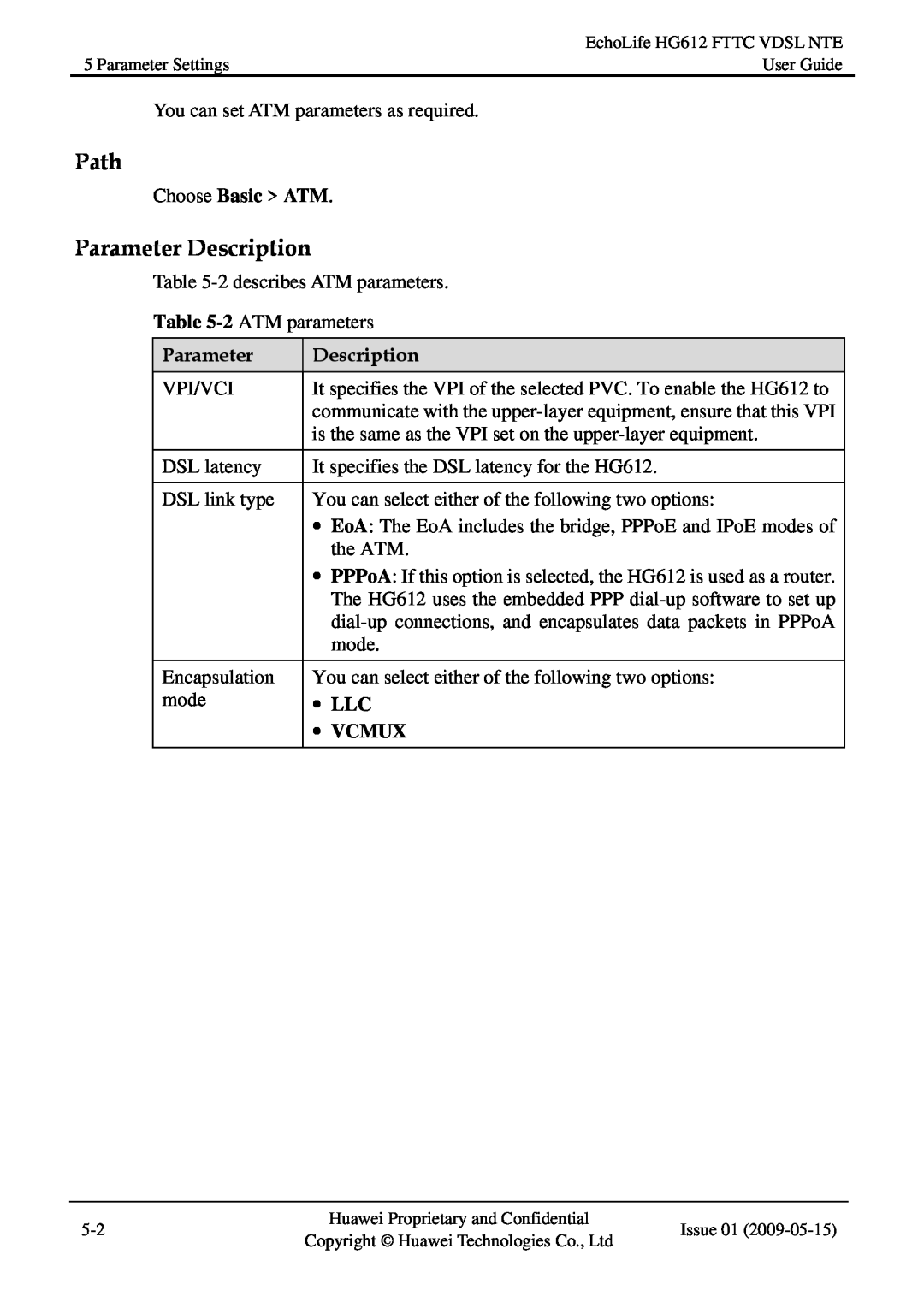 Huawei HG612FTTC VDSL NTE manual Path, Parameter Description, z LLC, z VCMUX 