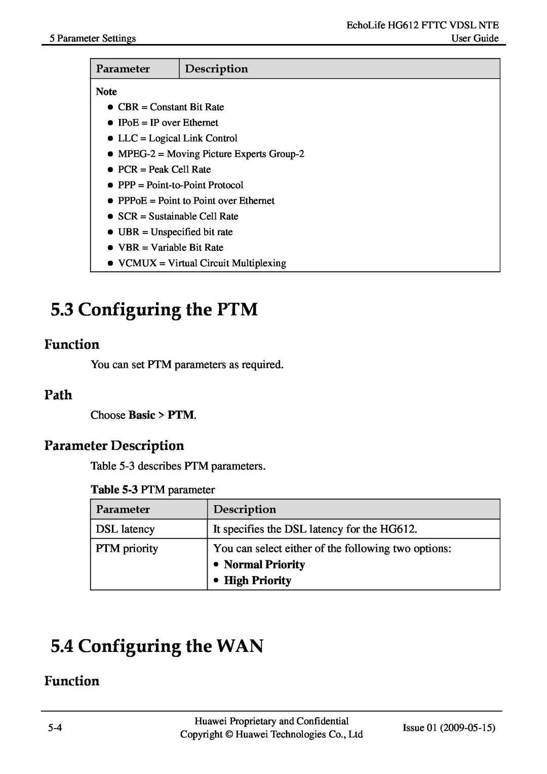 Huawei HG612FTTC VDSL NTE manual Configuring the PTM, Configuring the WAN, Function, Path, Parameter Description 