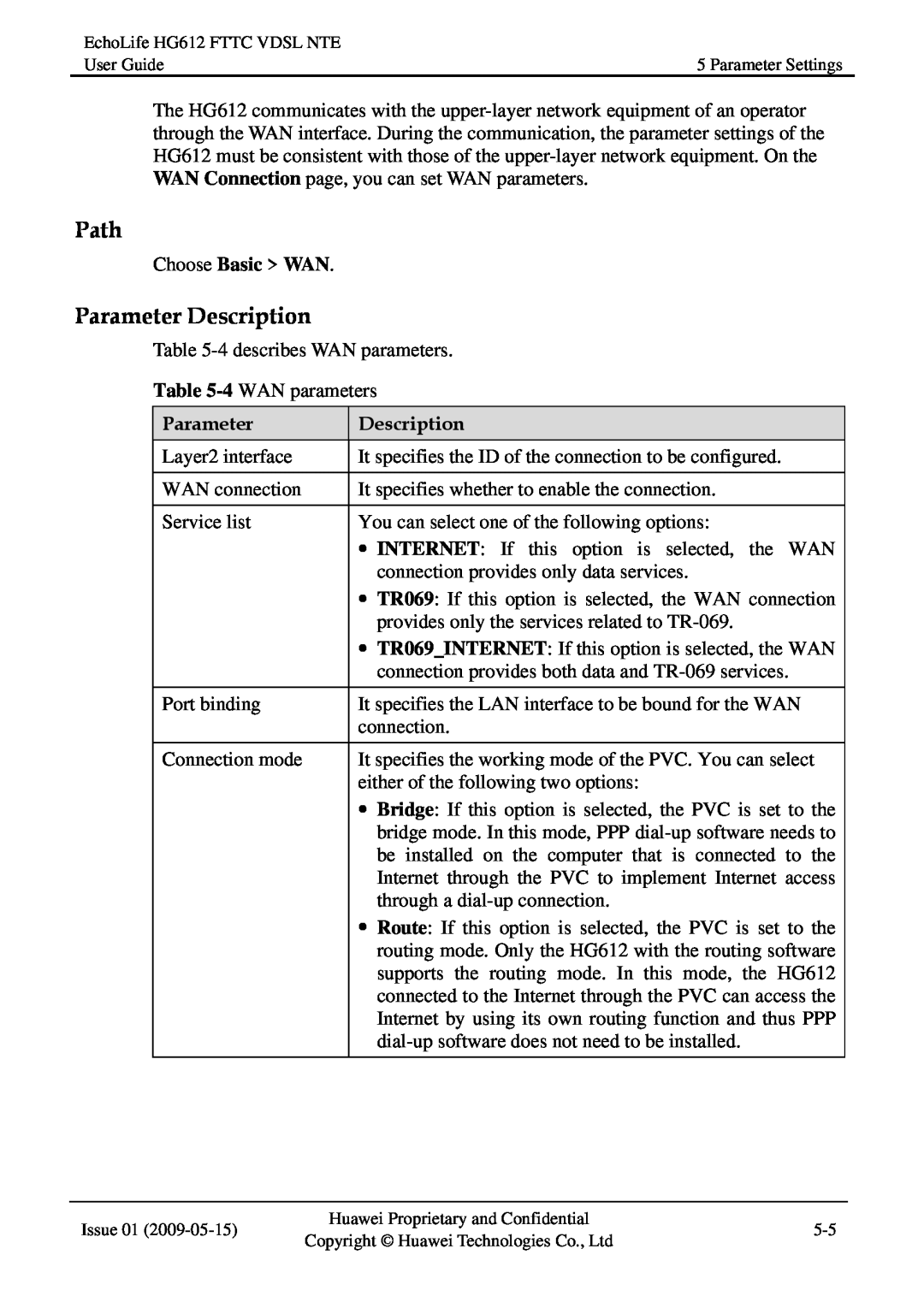 Huawei HG612FTTC VDSL NTE manual Path, Parameter Description, Choose Basic WAN 