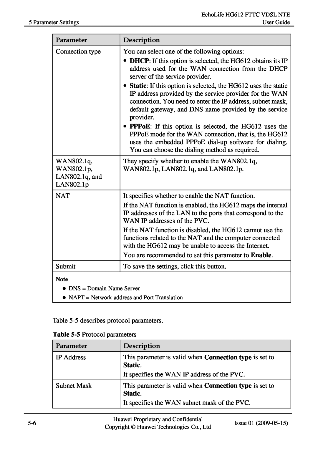 Huawei HG612FTTC VDSL NTE manual Parameter, Description, Static 