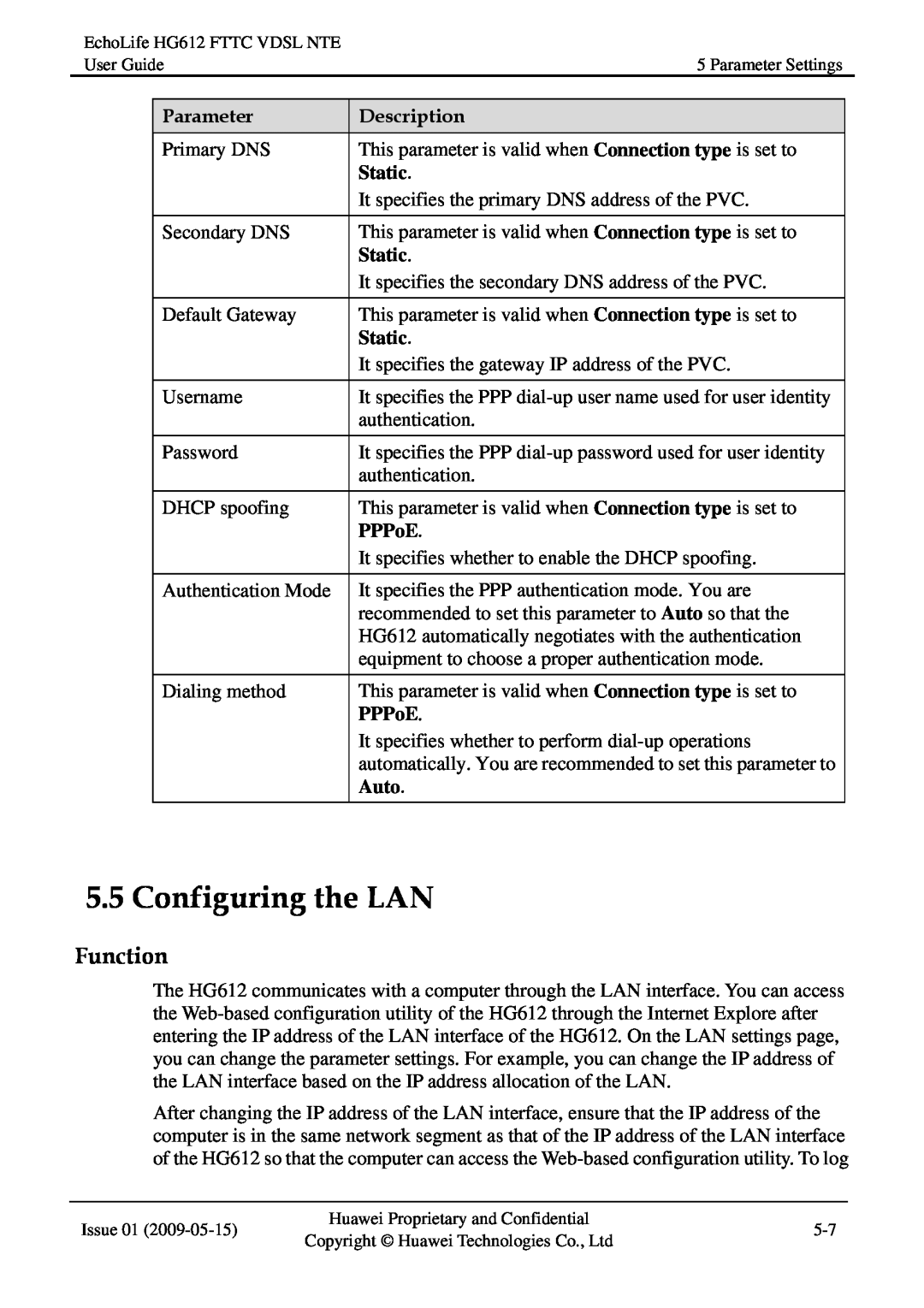 Huawei HG612FTTC VDSL NTE manual Configuring the LAN, Function, Parameter, Description, Static, PPPoE, Auto 