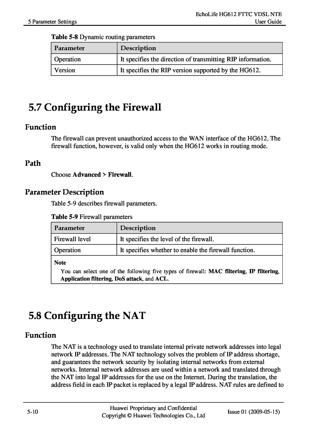 Huawei HG612FTTC VDSL NTE manual Configuring the Firewall, Configuring the NAT, Function, Path, Parameter Description 