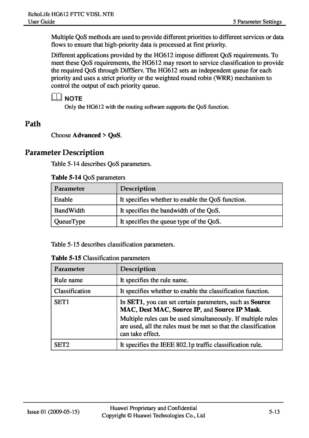 Huawei HG612FTTC VDSL NTE manual Path, Parameter Description, Choose Advanced QoS 