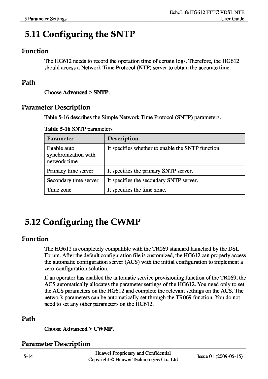 Huawei HG612FTTC VDSL NTE manual Configuring the SNTP, Configuring the CWMP, Function, Path, Parameter Description 