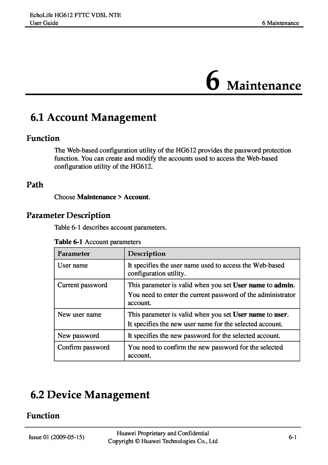 Huawei HG612FTTC VDSL NTE manual Maintenance, Account Management, Device Management, Function, Path, Parameter Description 