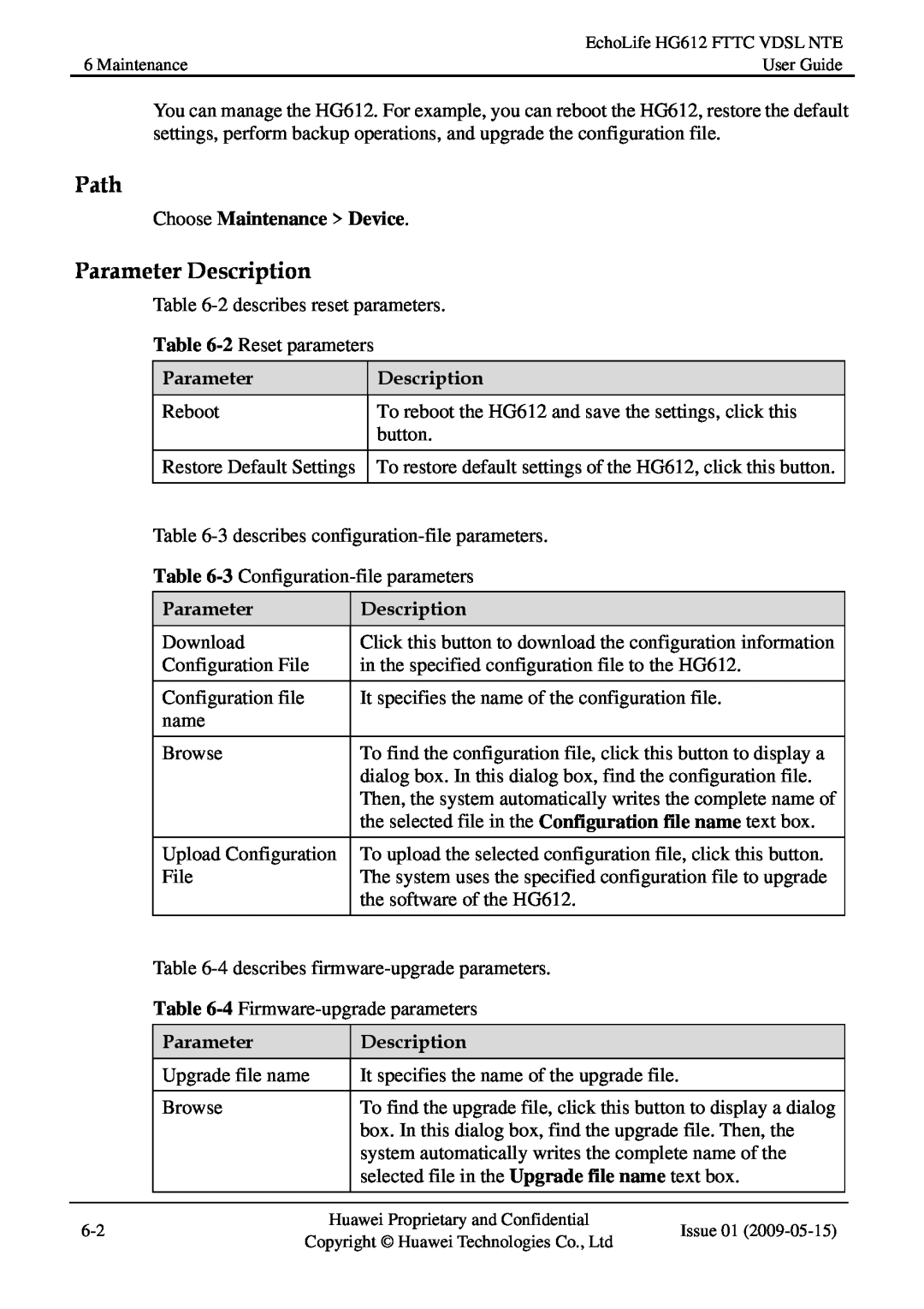 Huawei HG612FTTC VDSL NTE manual Path, Parameter Description, Choose Maintenance Device 