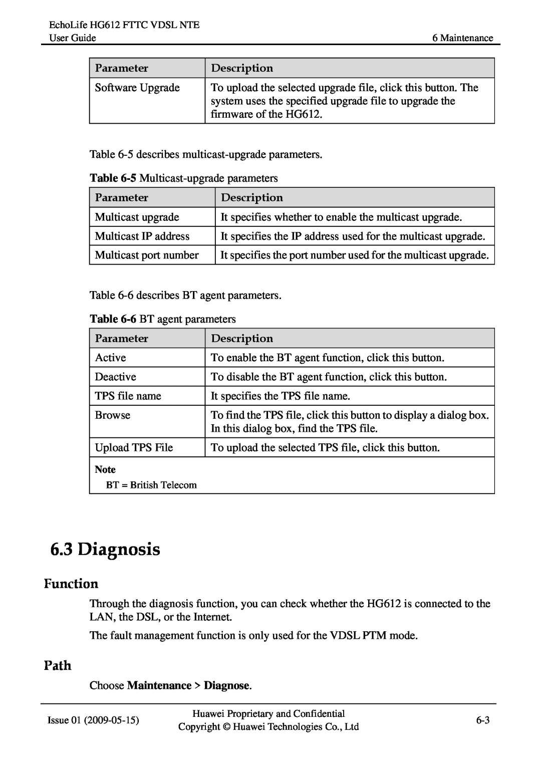 Huawei HG612FTTC VDSL NTE manual Diagnosis, Function, Path, Parameter, Description, Choose Maintenance Diagnose 