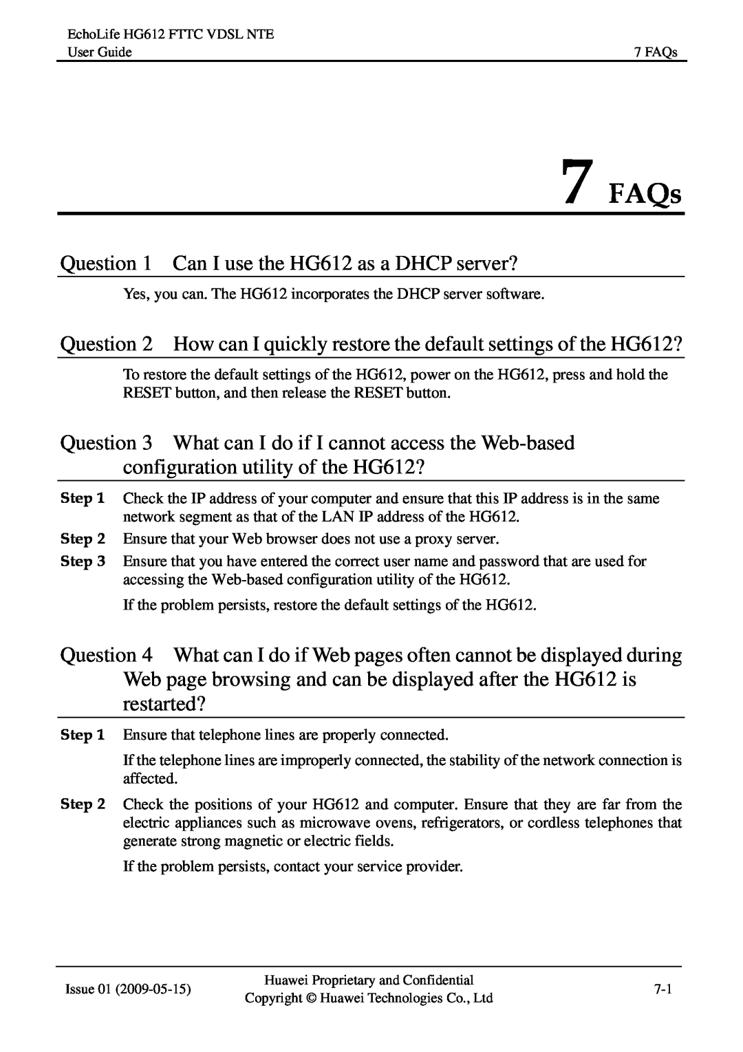 Huawei HG612FTTC VDSL NTE manual FAQs 