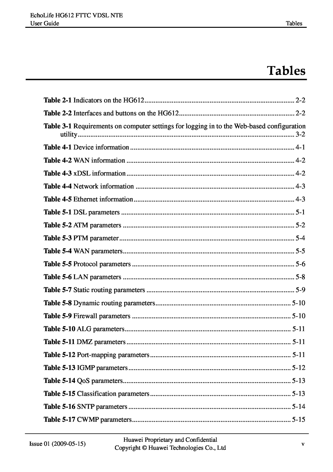 Huawei HG612FTTC VDSL NTE manual Tables, 5-10, 5-11, 5-12, 5-13, 5-14, 5-15 