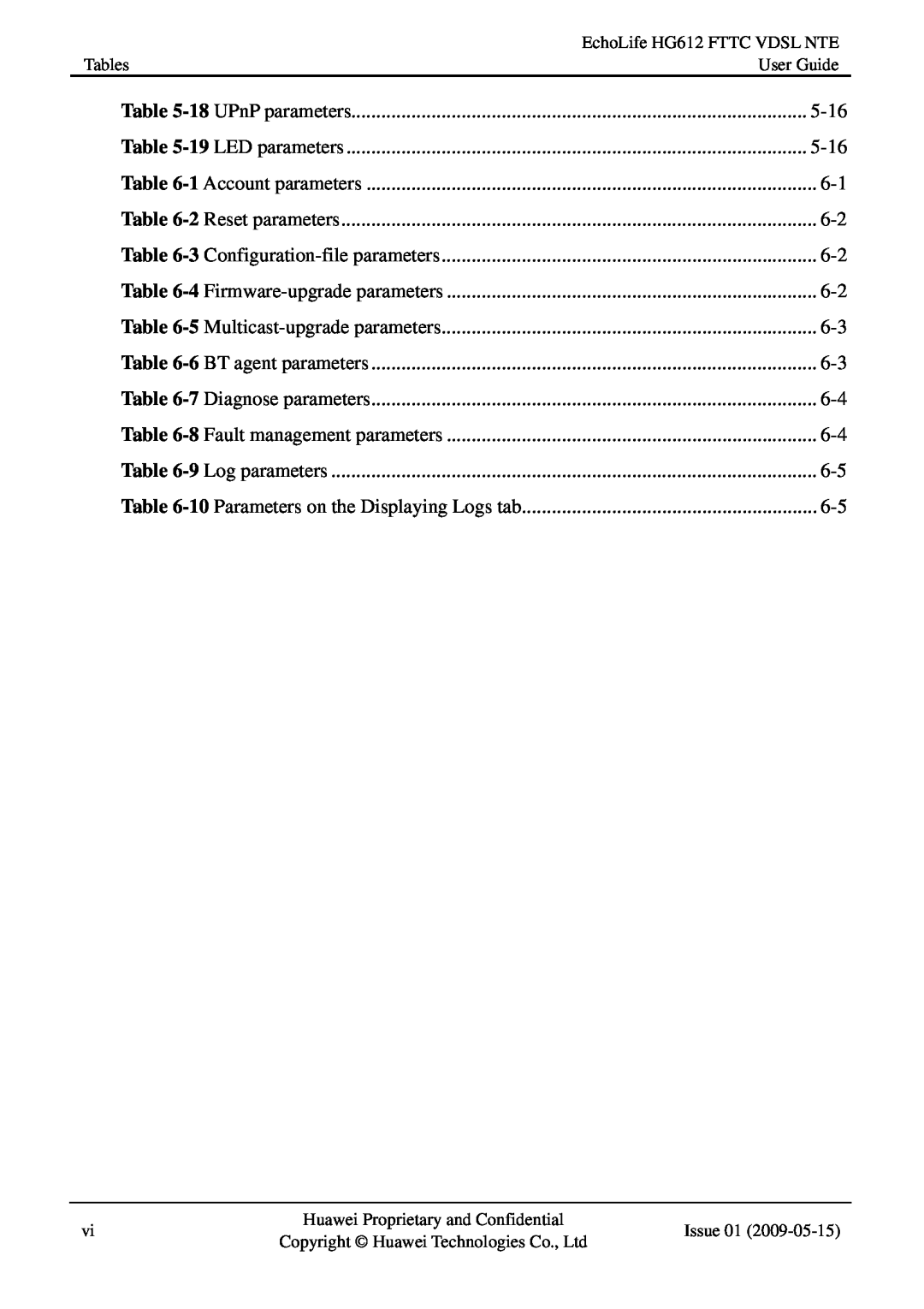 Huawei HG612FTTC VDSL NTE manual 5-16, Tables, User Guide, EchoLife HG612 FTTC VDSL NTE 