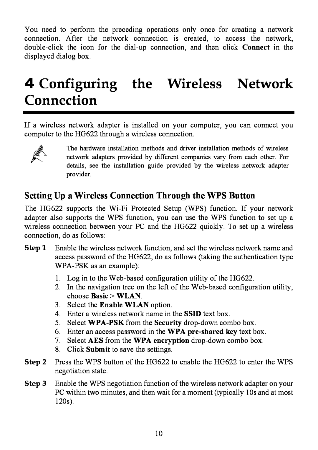 Huawei HG622 manual Configuring the Wireless Network Connection 