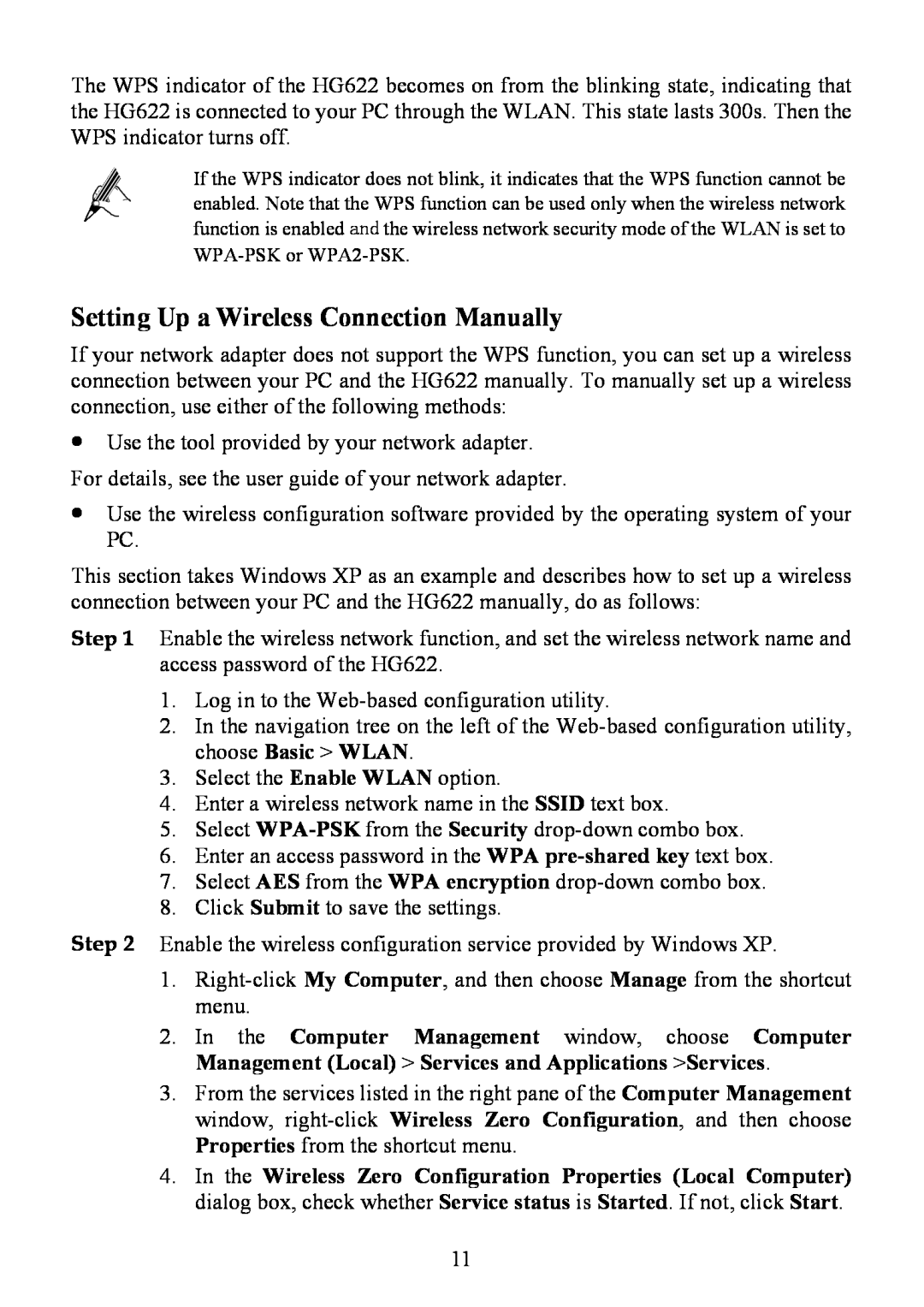 Huawei HG622 manual Setting Up a Wireless Connection Manually 