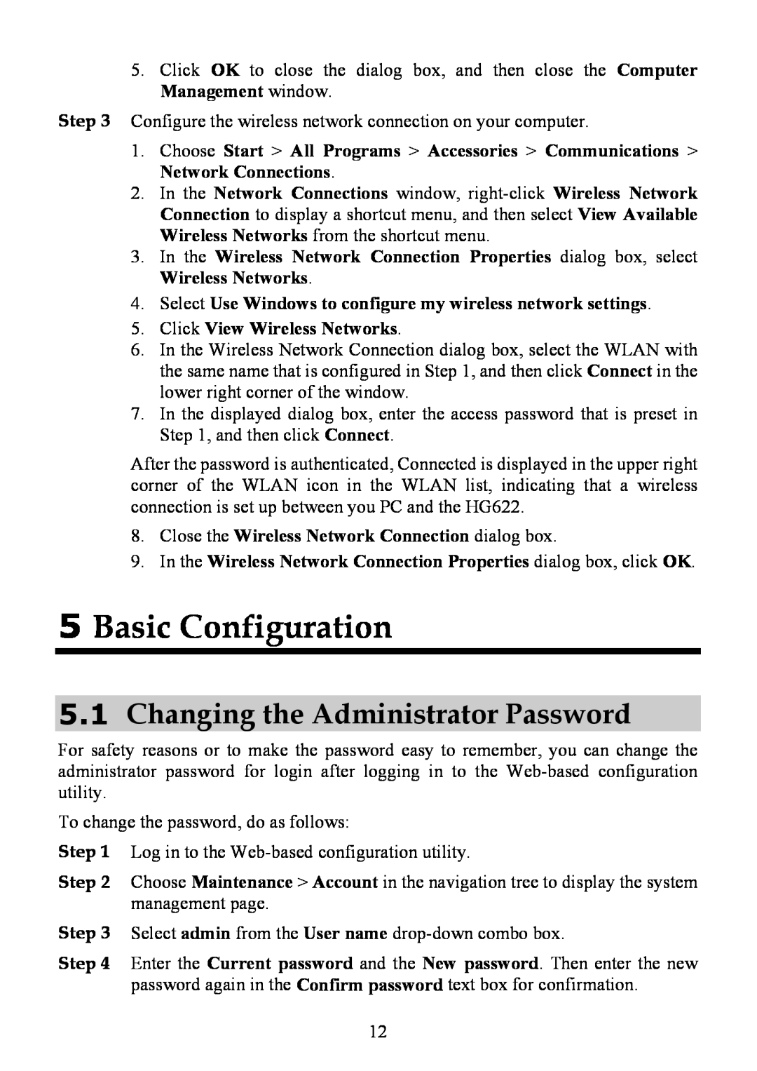Huawei HG622 manual 5Basic Configuration, 5.1Changing the Administrator Password 