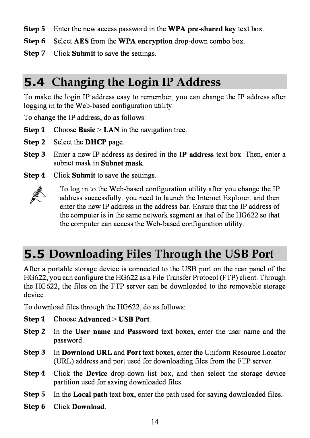 Huawei HG622 manual 5.4Changing the Login IP Address, 5.5Downloading Files Through the USB Port, Choose Advanced USB Port 