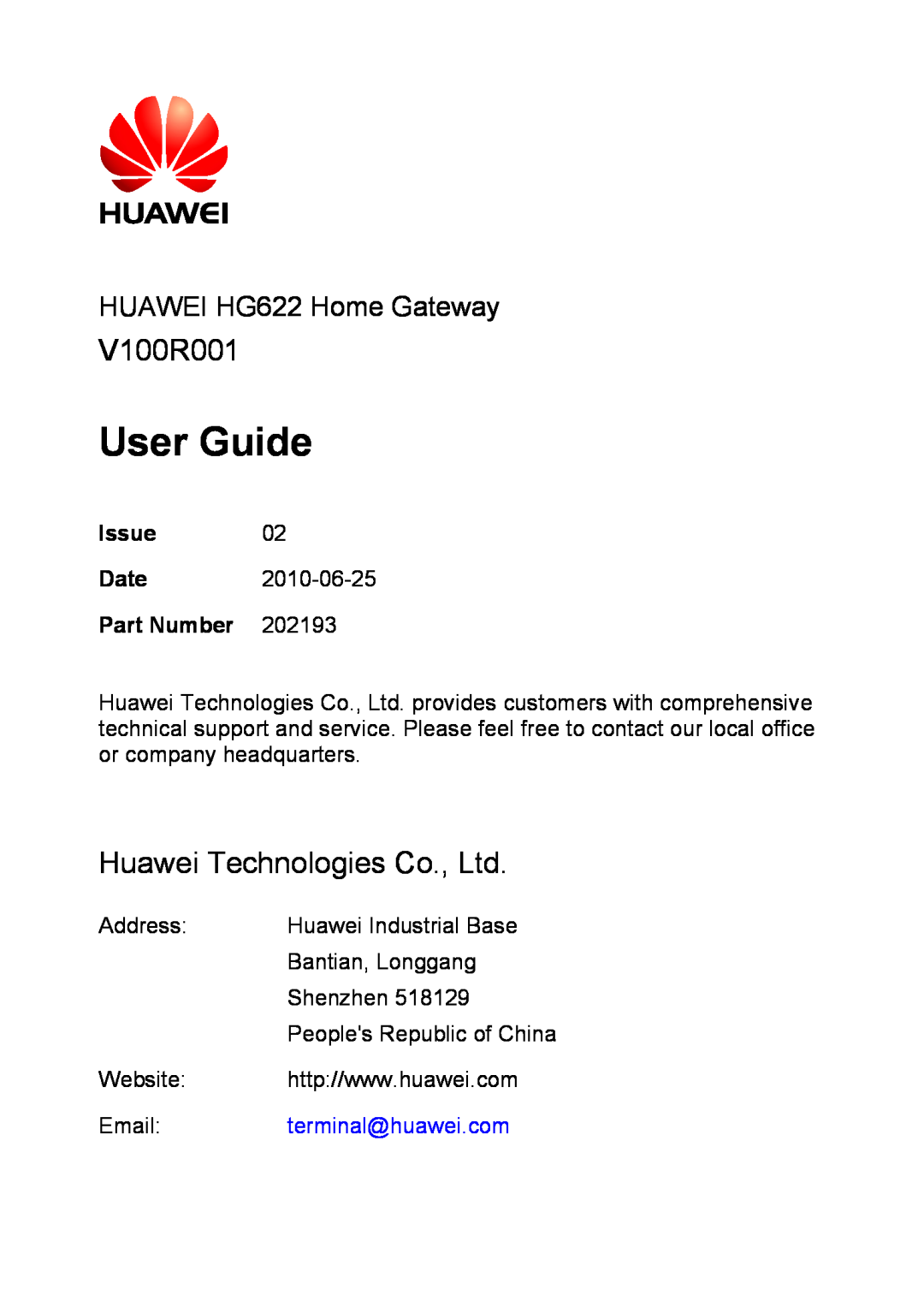 Huawei manual V100R001, HUAWEI HG622 Home Gateway, User Guide, Issue, Date, Part Number, Address, Huawei Industrial Base 
