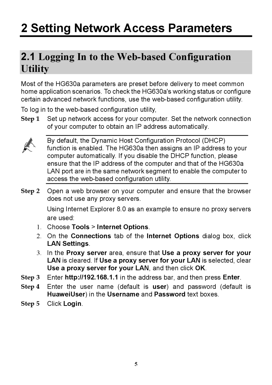 Huawei HG630a manual Setting Network Access Parameters, Logging In to the Web-based Configuration Utility 