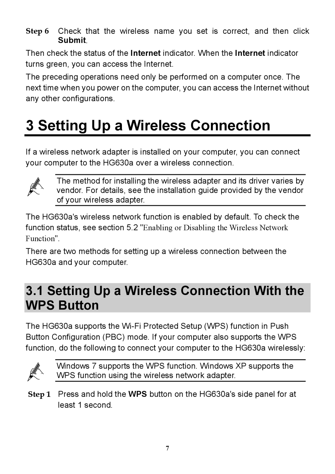 Huawei HG630a manual Setting Up a Wireless Connection With the WPS Button 