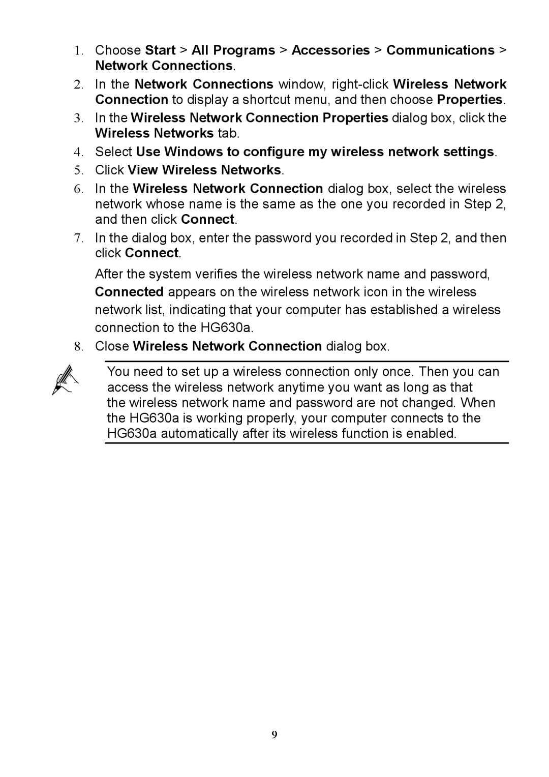 Huawei HG630a manual Close Wireless Network Connection dialog box 