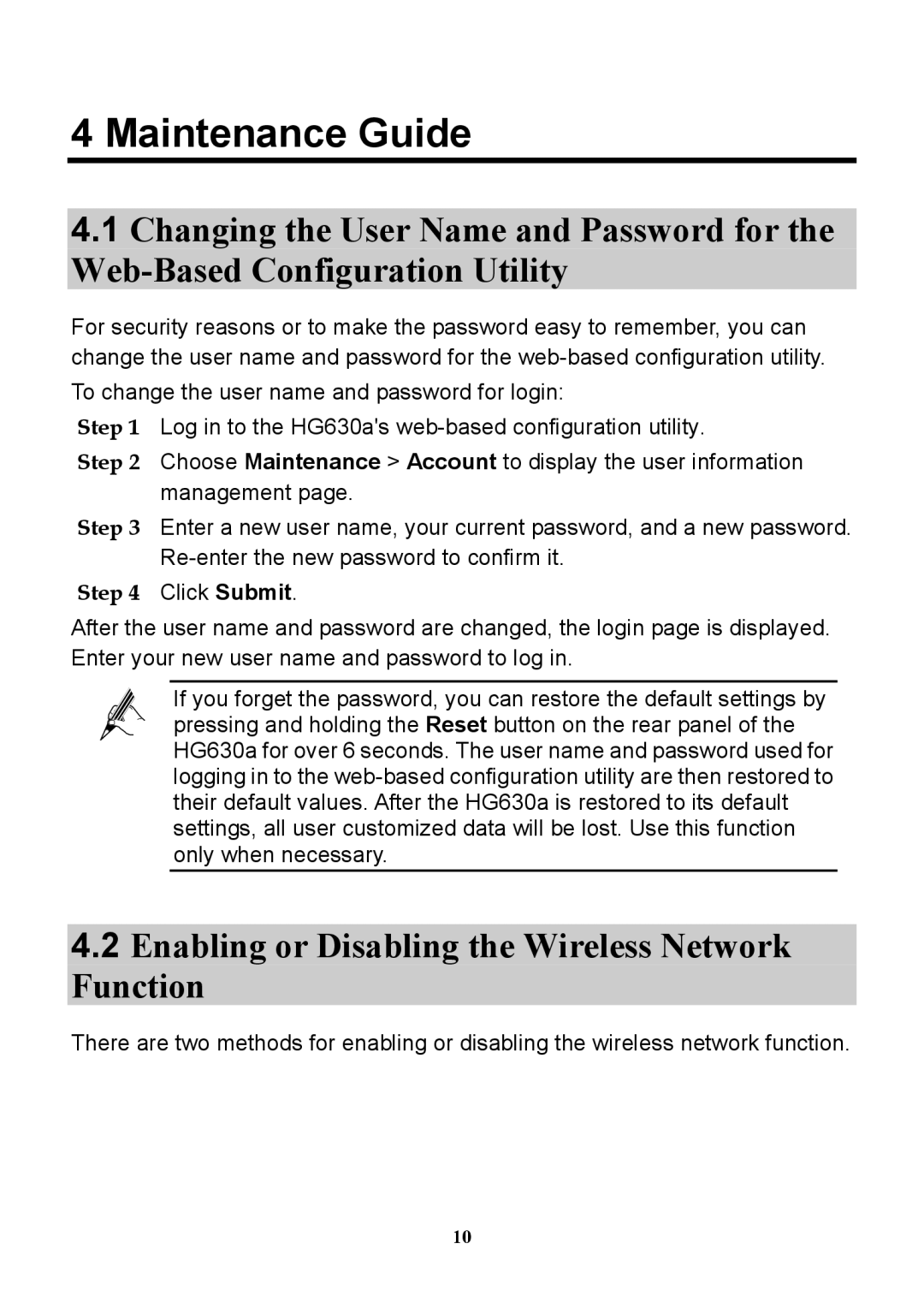 Huawei HG630a manual Maintenance Guide, Enabling or Disabling the Wireless Network Function 