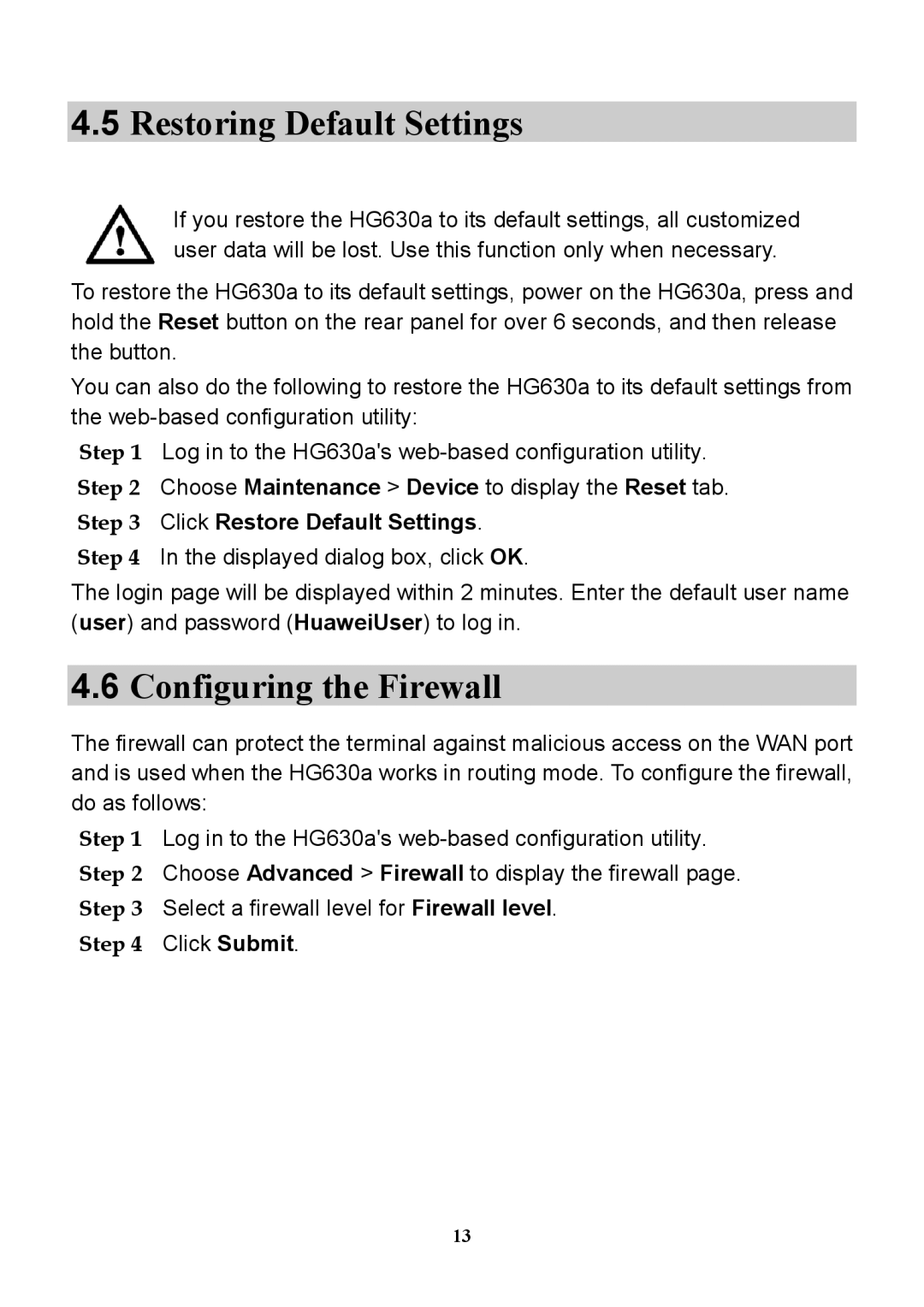 Huawei HG630a manual Restoring Default Settings, Configuring the Firewall, Click Restore Default Settings 