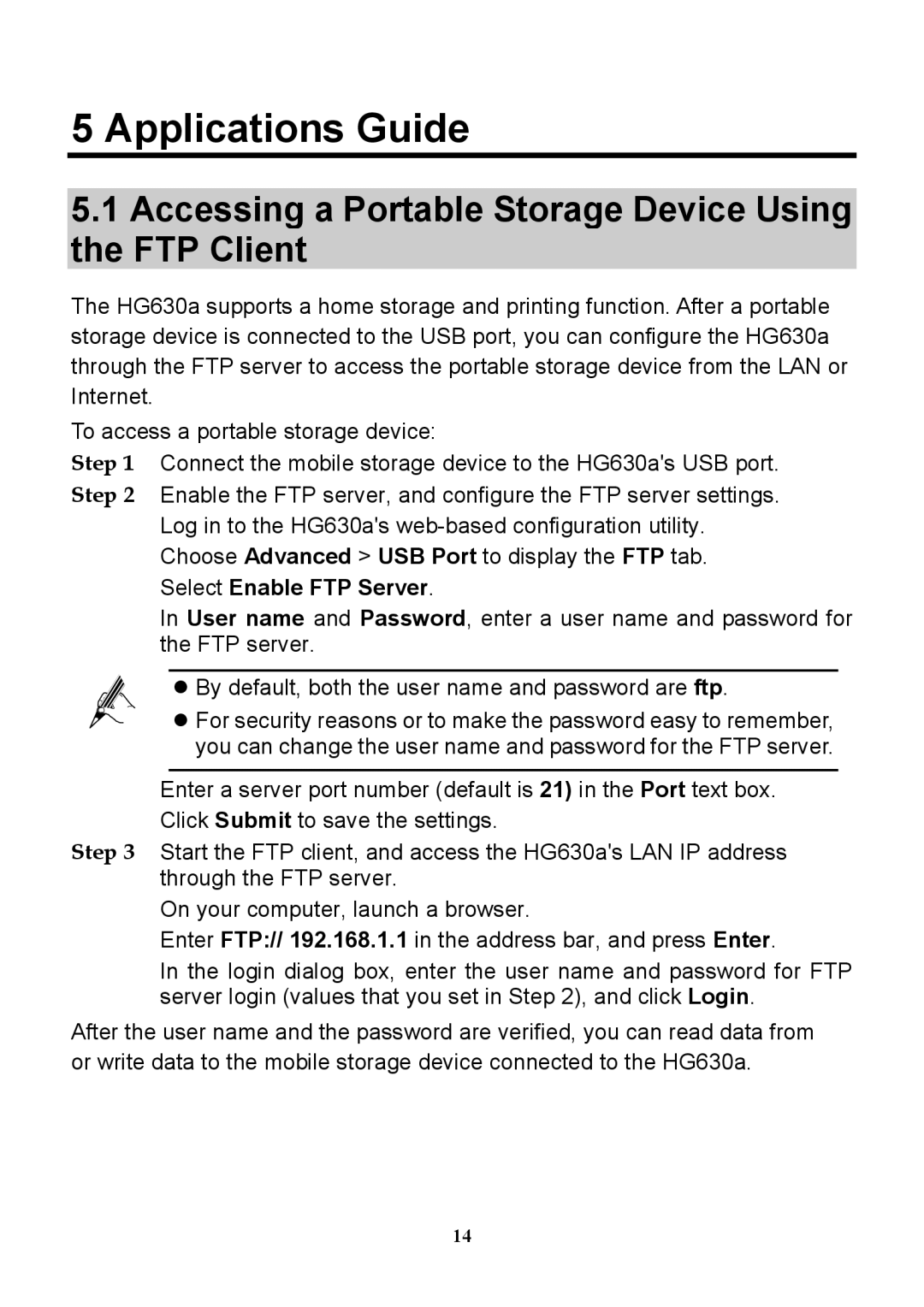 Huawei HG630a manual Applications Guide, Accessing a Portable Storage Device Using the FTP Client, Select Enable FTP Server 