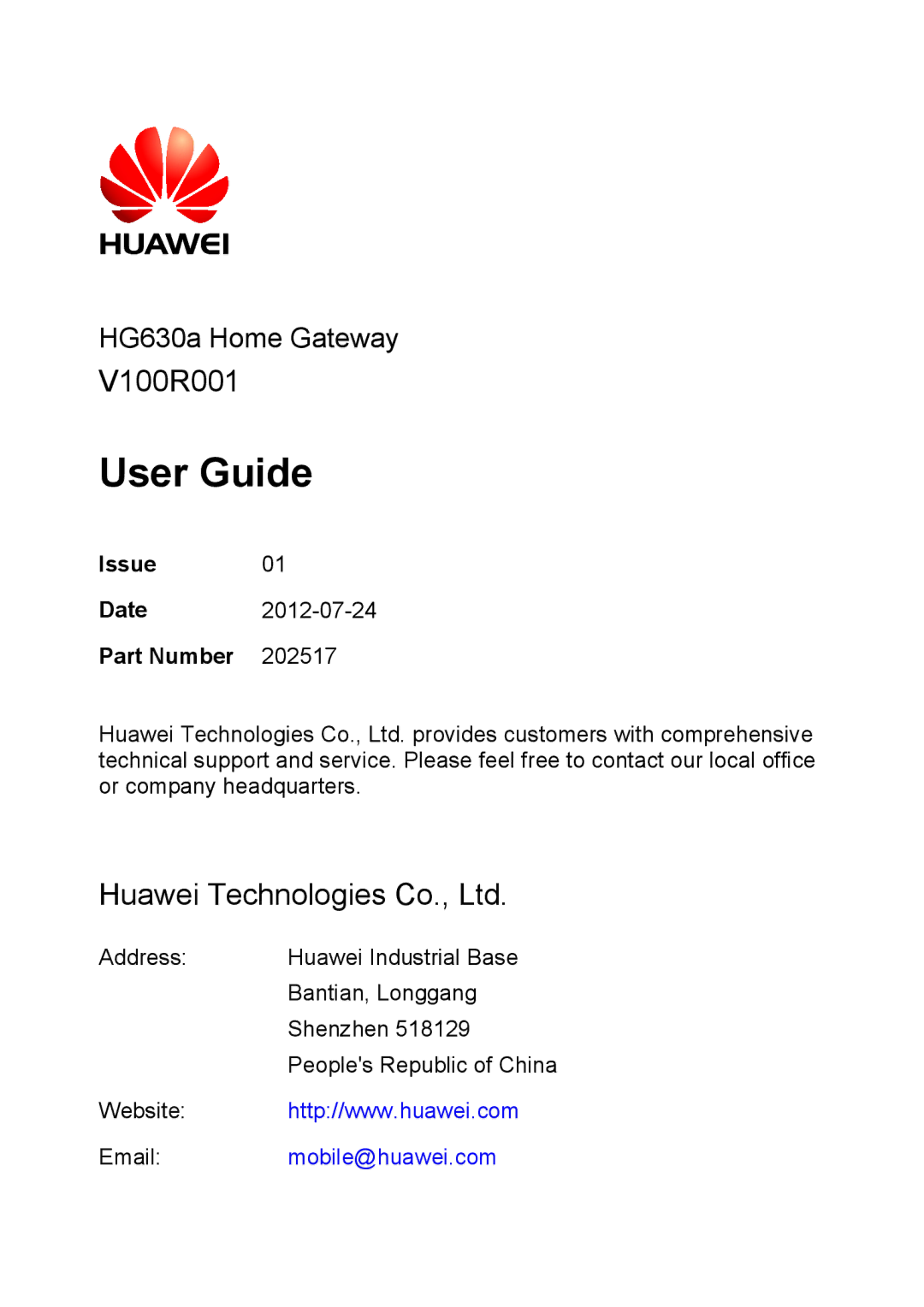 Huawei HG630a manual Issue, Part Number 