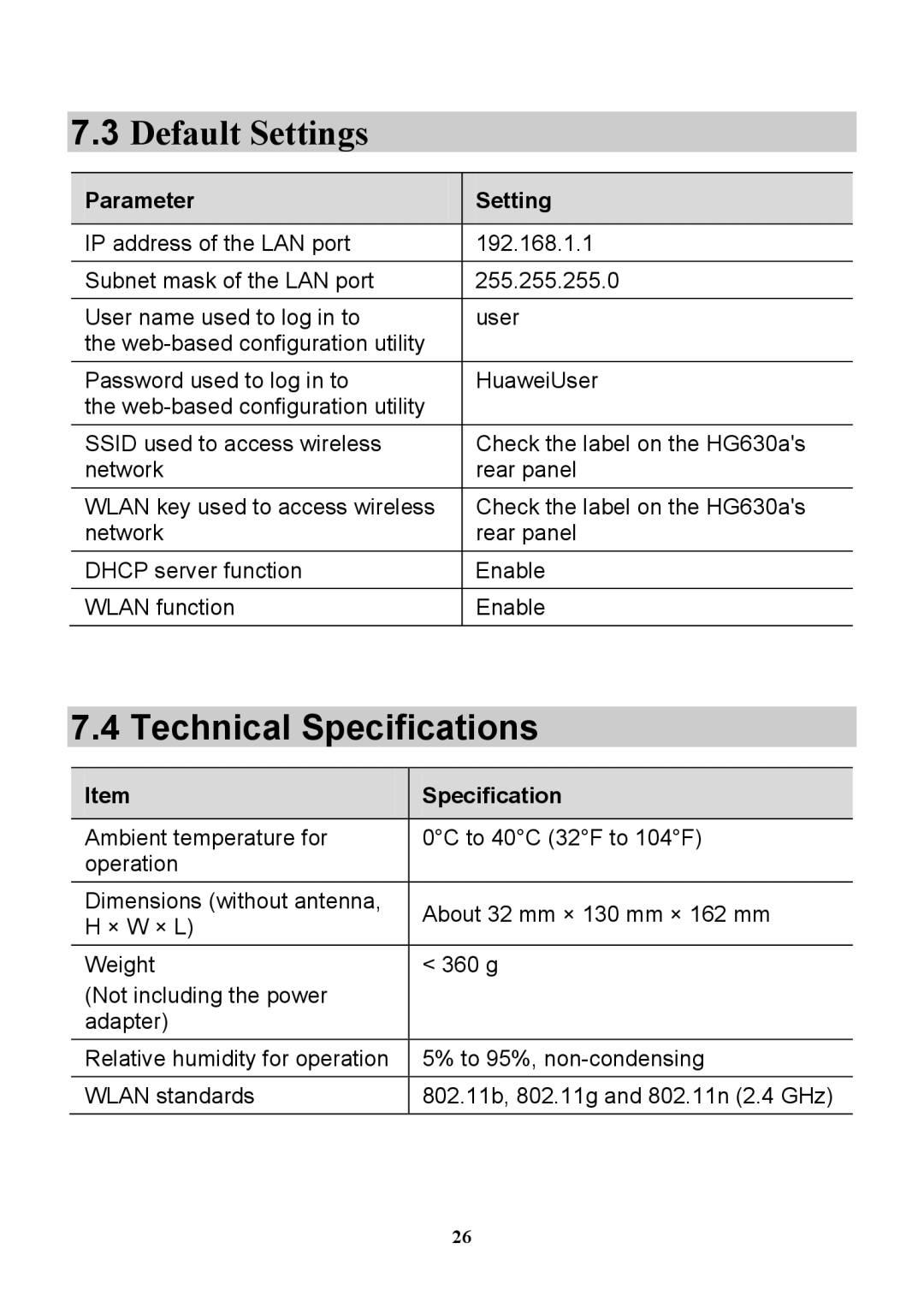 Huawei HG630a manual Default Settings, Technical Specifications, Parameter Setting 