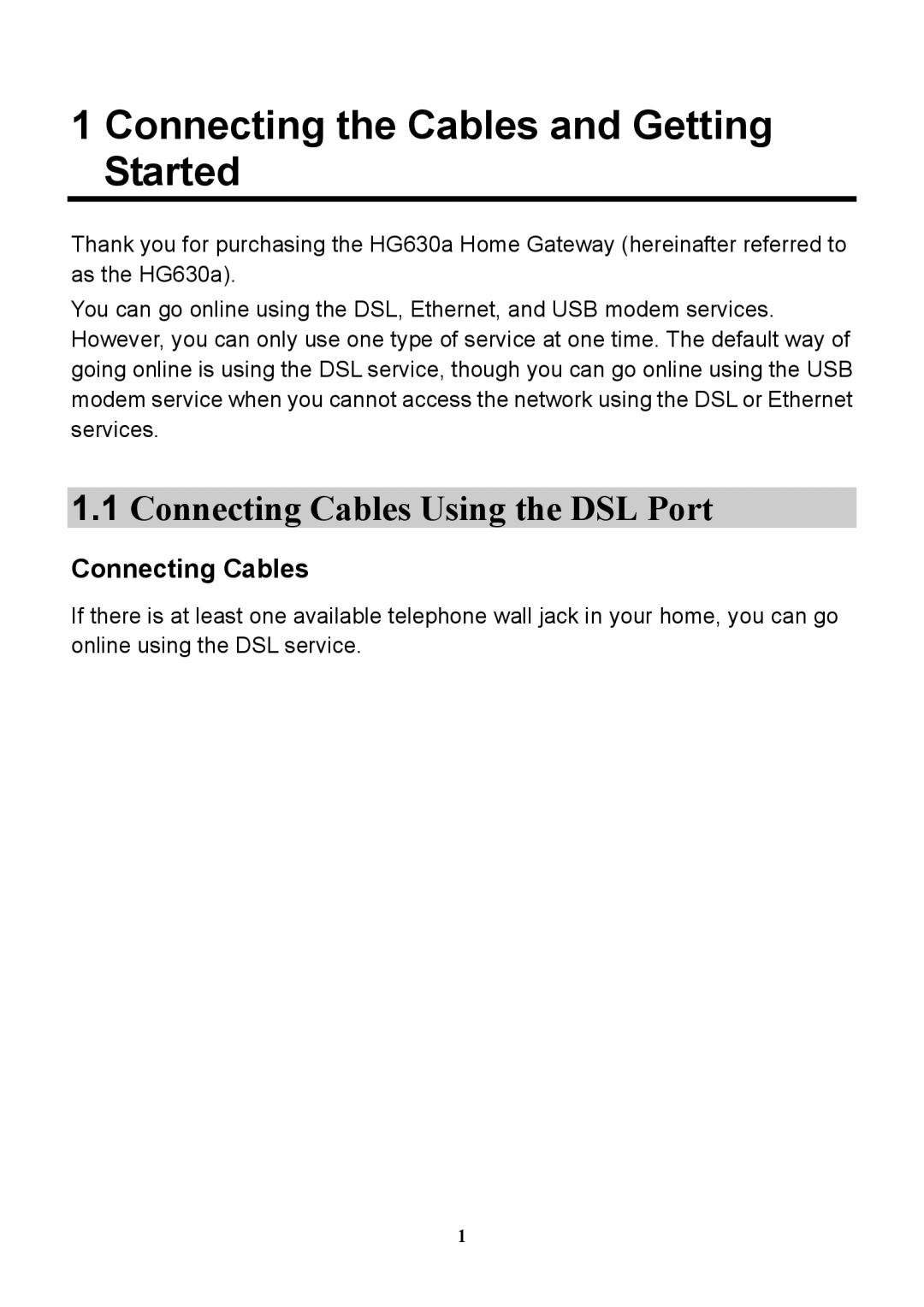 Huawei HG630a manual Connecting the Cables and Getting Started, Connecting Cables Using the DSL Port 