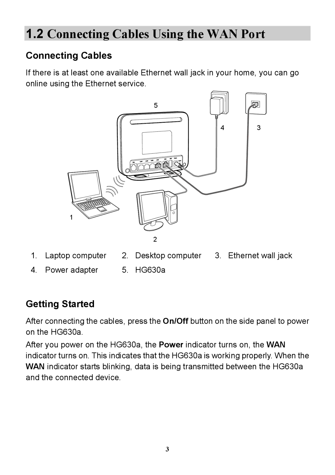 Huawei HG630a manual Connecting Cables Using the WAN Port 