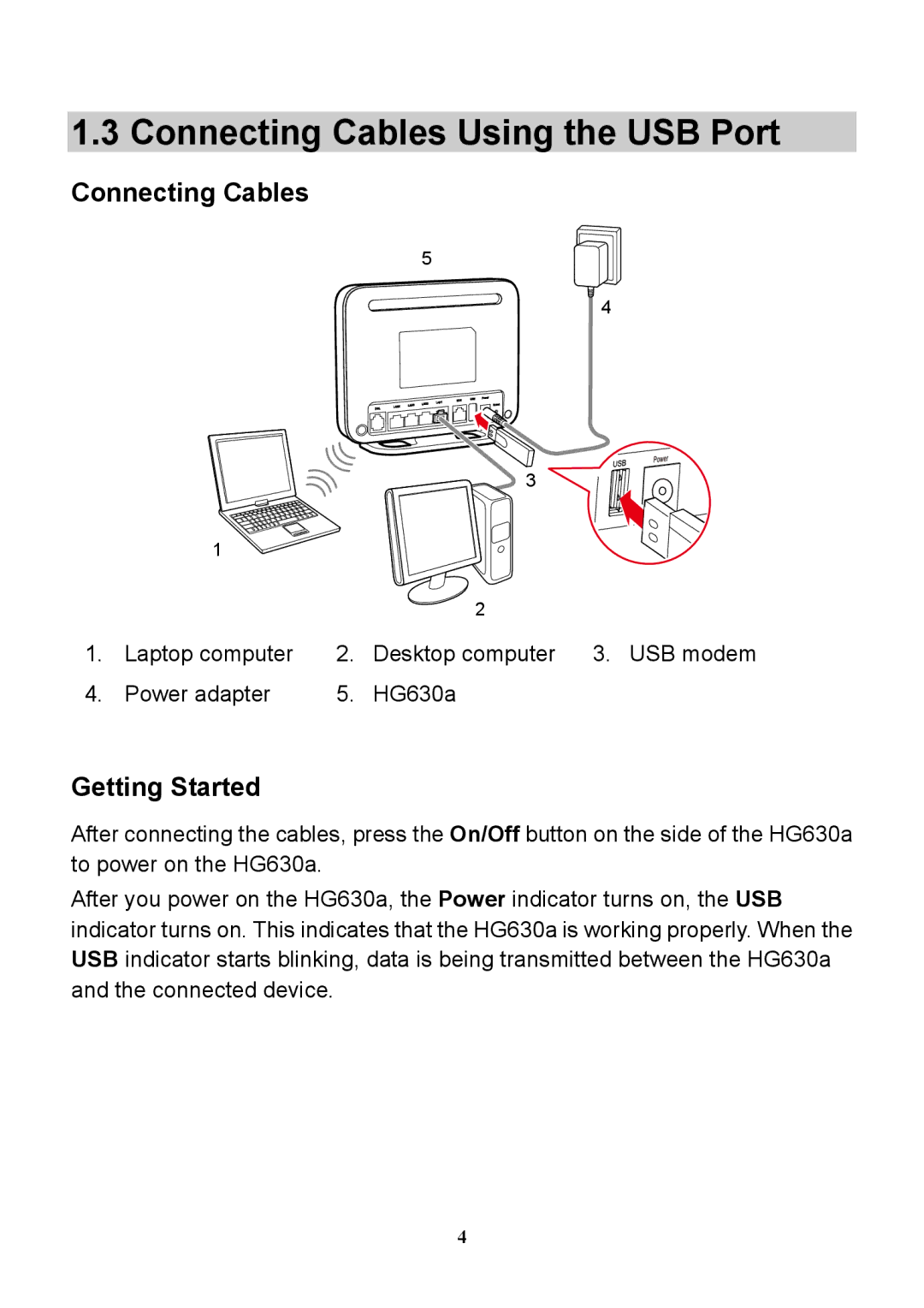 Huawei HG630a manual Connecting Cables Using the USB Port 