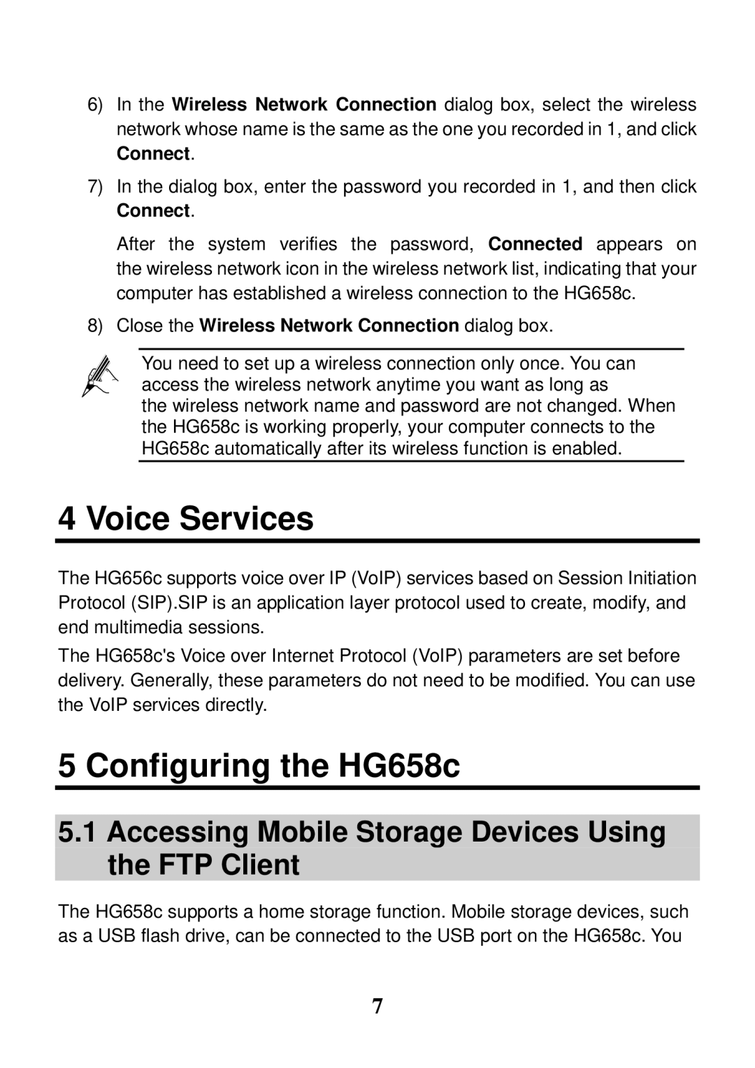 Huawei manual Voice Services, Configuring the HG658c, Accessing Mobile Storage Devices Using the FTP Client 