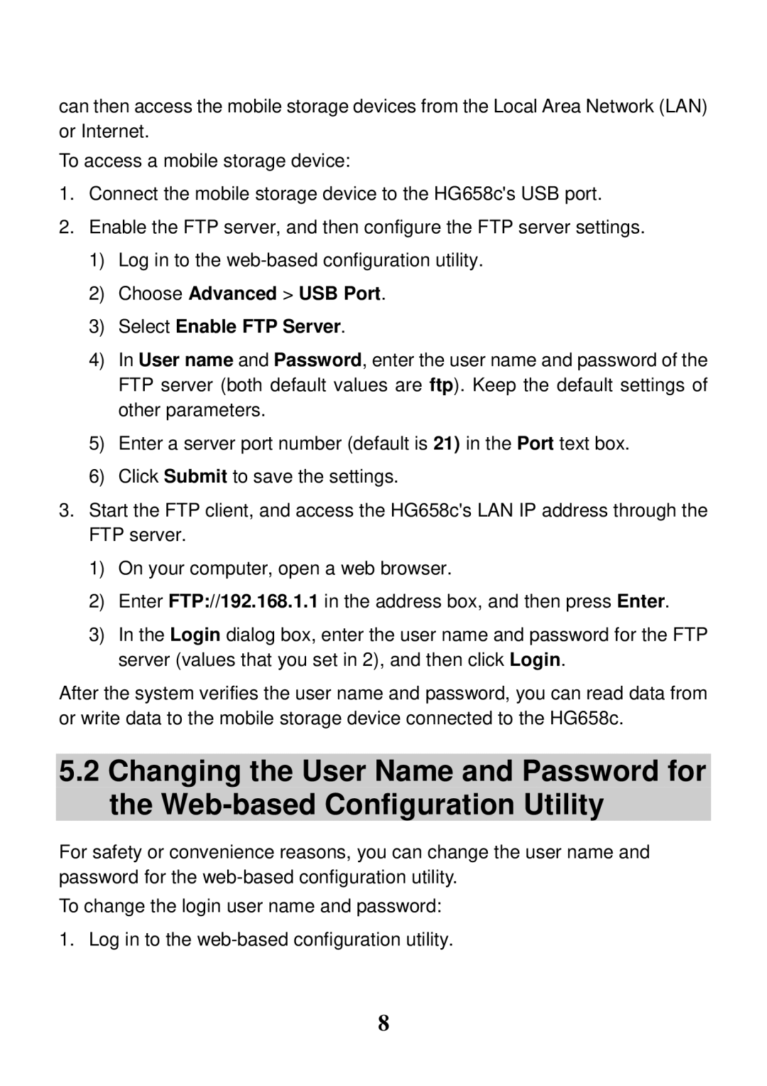 Huawei HG658c manual Choose Advanced USB Port Select Enable FTP Server 