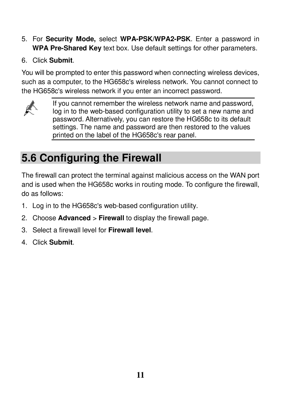 Huawei HG658c manual Configuring the Firewall 