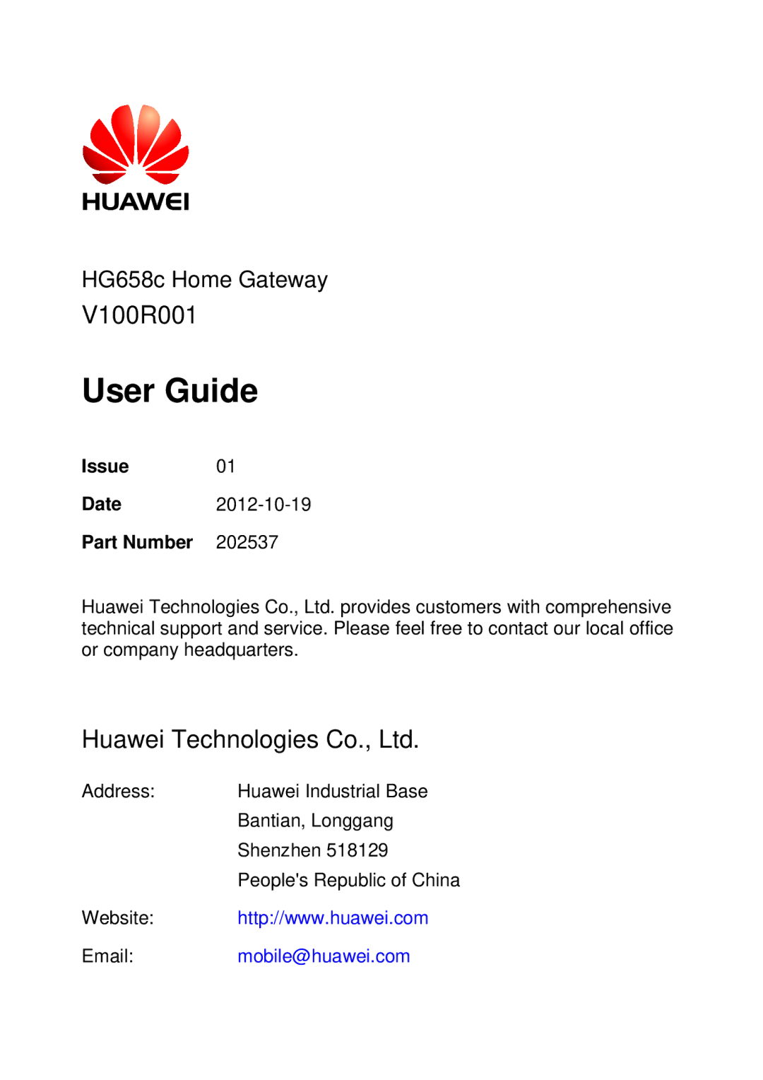 Huawei HG658c manual Issue, Part Number 