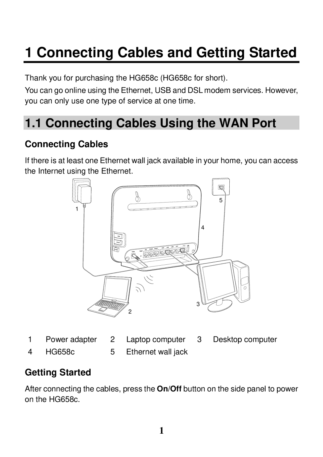 Huawei HG658c manual Connecting Cables and Getting Started, Connecting Cables Using the WAN Port 