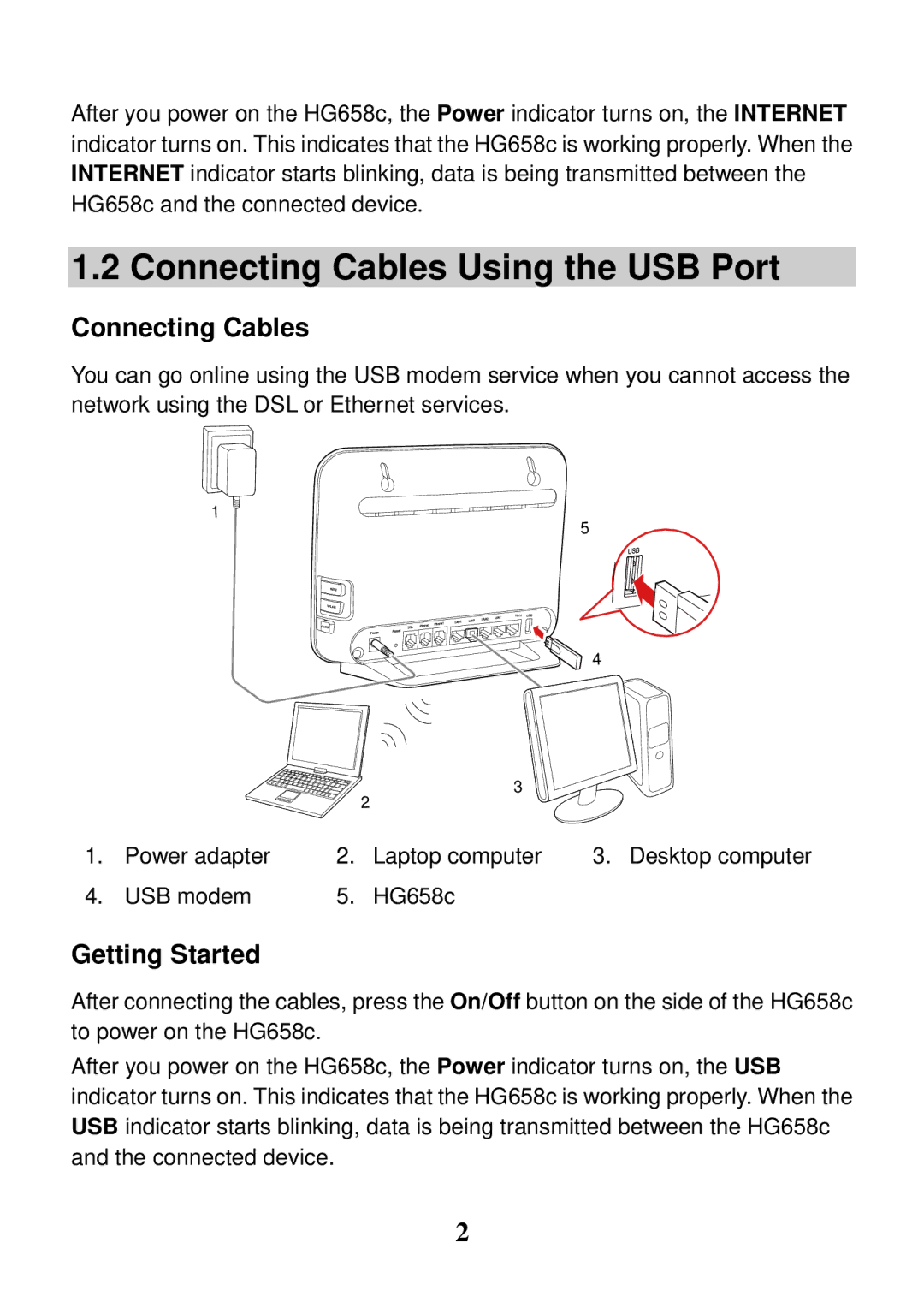 Huawei HG658c manual Connecting Cables Using the USB Port 