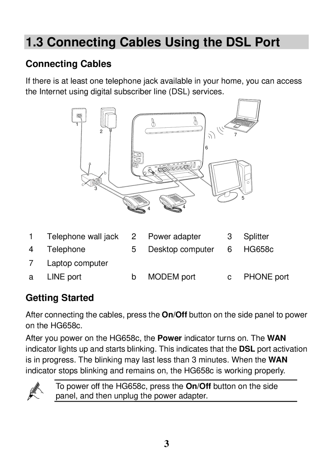 Huawei HG658c manual Connecting Cables Using the DSL Port 